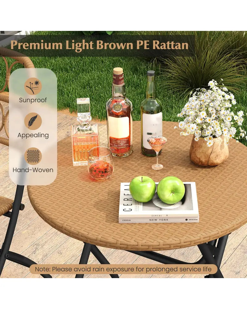 3 Piece Patio Bistro Set Folding Round Table and Chairs with Wicker Seat - Patio Conversation Sets