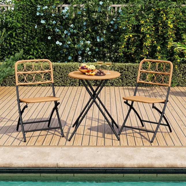 3 Piece Patio Bistro Set Folding Round Table and Chairs with Wicker Seat - Patio Conversation Sets