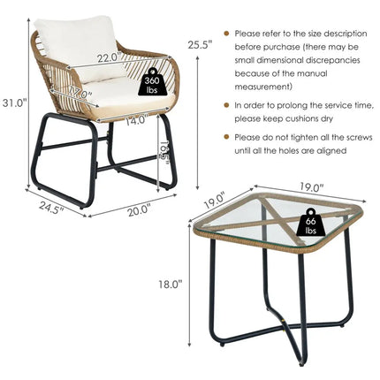 3-Piece Patio Bistro Set with 2 Rattan Chairs and Square Glass Coffee Table-White - White - Patio Conversation Sets