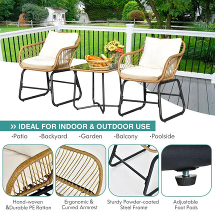 3-Piece Patio Bistro Set with 2 Rattan Chairs and Square Glass Coffee Table-White - White - Patio Conversation Sets