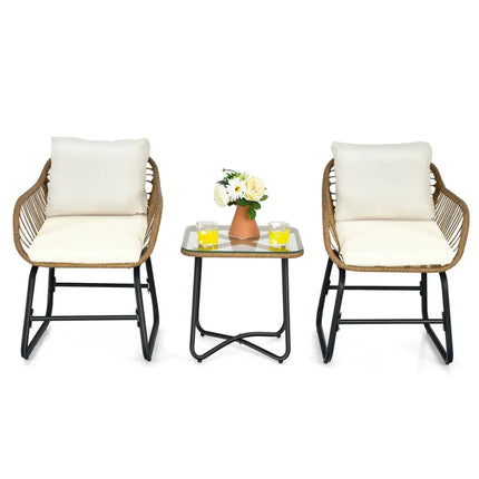 3-Piece Patio Bistro Set with 2 Rattan Chairs and Square Glass Coffee Table-White - White - Patio Conversation Sets
