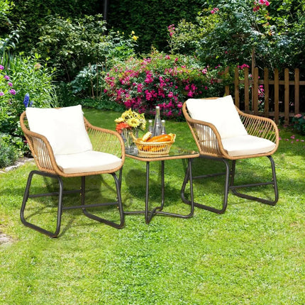 3-Piece Patio Bistro Set with 2 Rattan Chairs and Square Glass Coffee Table-White - White - Patio Conversation Sets