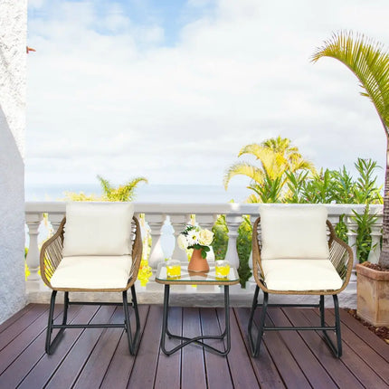 3-Piece Patio Bistro Set with 2 Rattan Chairs and Square Glass Coffee Table-White - White - Patio Conversation Sets