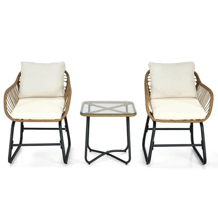 3-Piece Patio Bistro Set with 2 Rattan Chairs and Square Glass Coffee Table-White - White - Patio Conversation Sets