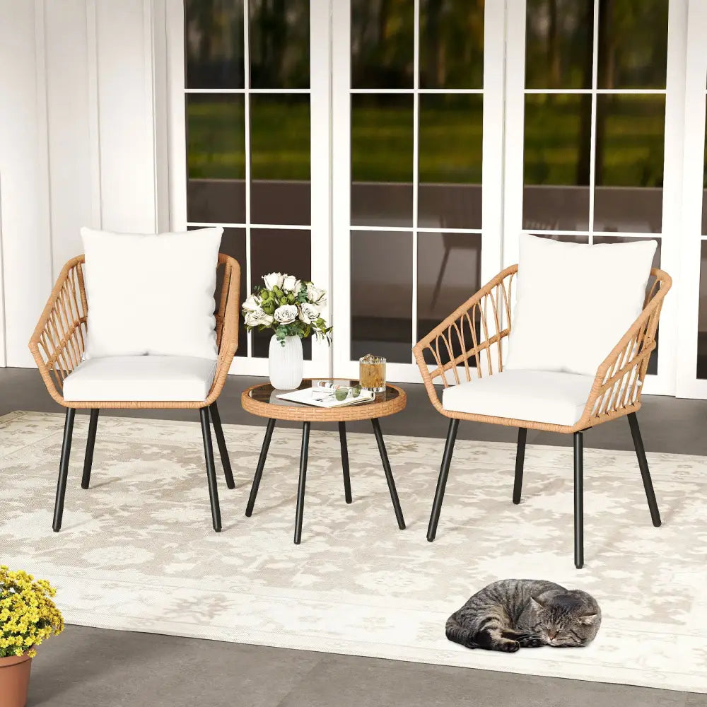 3 Piece Patio Bistro Set with Heavy Duty Metal Frame-Beige - Beige - Patio Conversation Sets