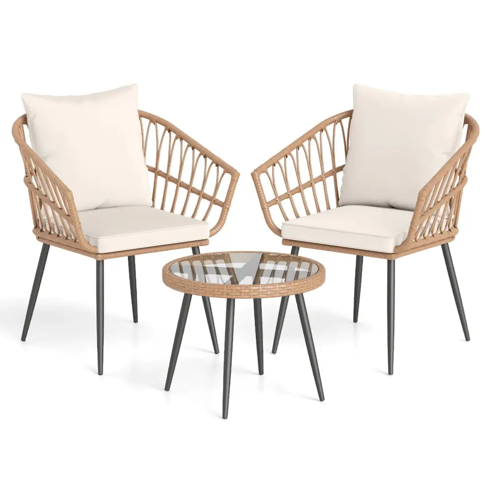 3 Piece Patio Bistro Set with PE Rattan Wicker Chairs and Tempered Glass Coffee Table-Natural - Natural - Patio