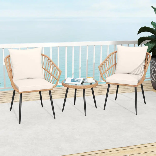3 Piece Patio Bistro Set with PE Rattan Wicker Chairs and Tempered Glass Coffee Table-Natural - Natural - Patio