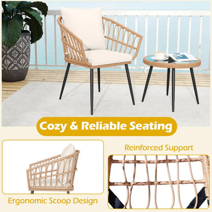 3 Piece Patio Bistro Set with PE Rattan Wicker Chairs and Tempered Glass Coffee Table-Natural - Natural - Patio