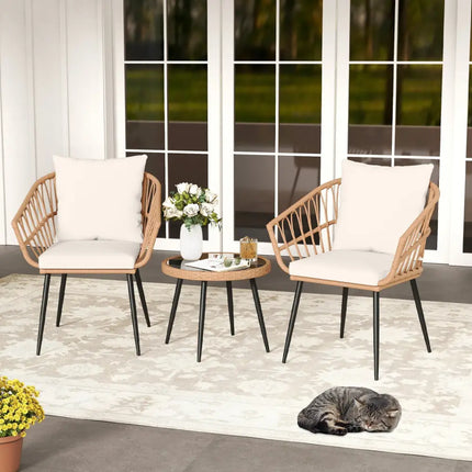 3 Piece Patio Bistro Set with PE Rattan Wicker Chairs and Tempered Glass Coffee Table-Natural - Natural - Patio