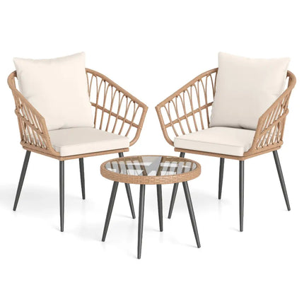 3 Piece Patio Bistro Set with PE Rattan Wicker Chairs and Tempered Glass Coffee Table-Natural - Natural - Patio