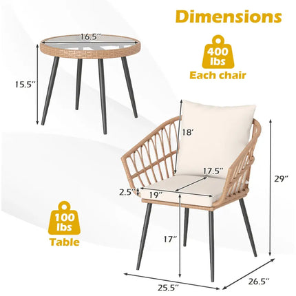 3 Piece Patio Bistro Set with PE Rattan Wicker Chairs and Tempered Glass Coffee Table-Natural - Natural - Patio