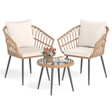 3 Piece Patio Bistro Set with PE Rattan Wicker Chairs and Tempered Glass Coffee Table-Natural - Natural - Patio
