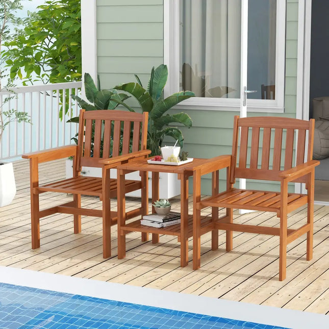 3 Piece Patio Bistro Table and Chairs Set with Umbrella Hole - Natural - Patio Conversation Sets