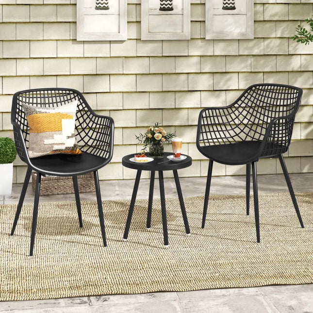 3 Piece Patio Chair Set with PP Seat and Tabletop for Porch-Black - Black - Patio Conversation Sets