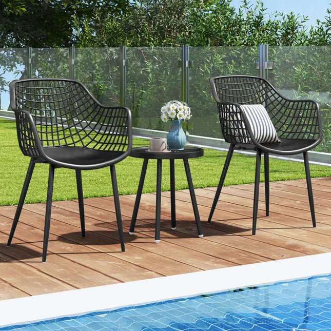 3 Piece Patio Chair Set with PP Seat and Tabletop for Porch-Black - Black - Patio Conversation Sets