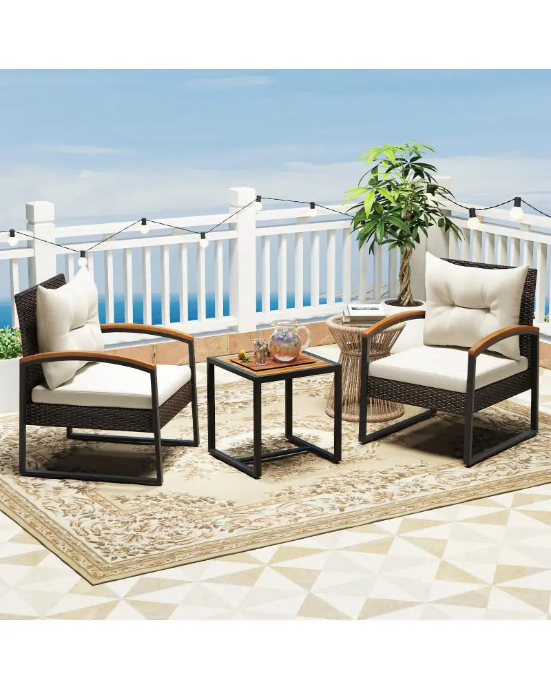 3 Piece Patio Conversation Set with Solid Acacia Wood Armrests and Tabletop-White - White - Patio Conversation Sets