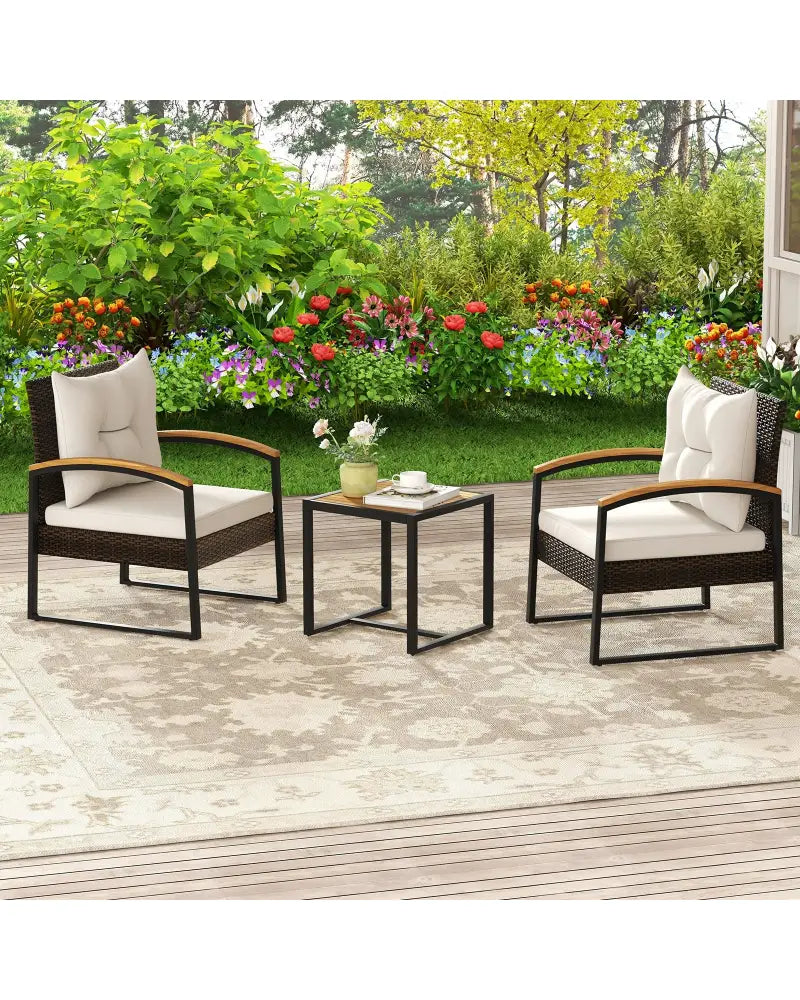 3 Piece Patio Conversation Set with Solid Acacia Wood Armrests and Tabletop-White - White - Patio Conversation Sets