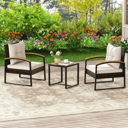 3 Piece Patio Conversation Set with Solid Acacia Wood Armrests and Tabletop-White - White - Patio Conversation Sets