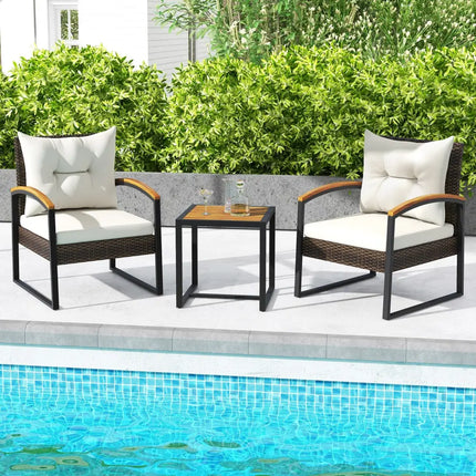 3 Piece Patio Conversation Set with Solid Acacia Wood Armrests and Tabletop-White - White - Patio Conversation Sets