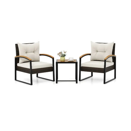 3 Piece Patio Conversation Set with Solid Acacia Wood Armrests and Tabletop-White - White - Patio Conversation Sets