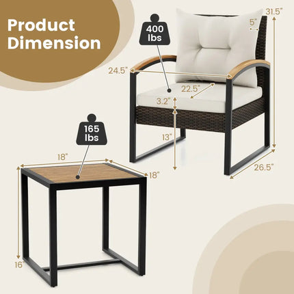3 Piece Patio Conversation Set with Solid Acacia Wood Armrests and Tabletop-White - White - Patio Conversation Sets