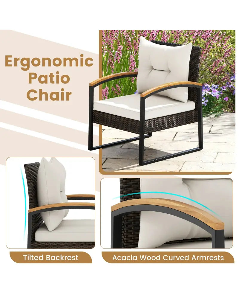 3 Piece Patio Conversation Set with Solid Acacia Wood Armrests and Tabletop-White - White - Patio Conversation Sets