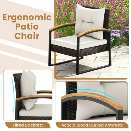3 Piece Patio Conversation Set with Solid Acacia Wood Armrests and Tabletop-White - White - Patio Conversation Sets