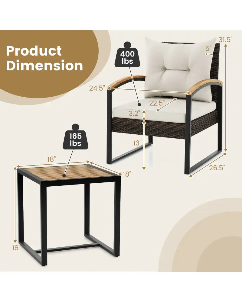 3 Piece Patio Conversation Set with Solid Acacia Wood Armrests and Tabletop-White - White - Patio Conversation Sets