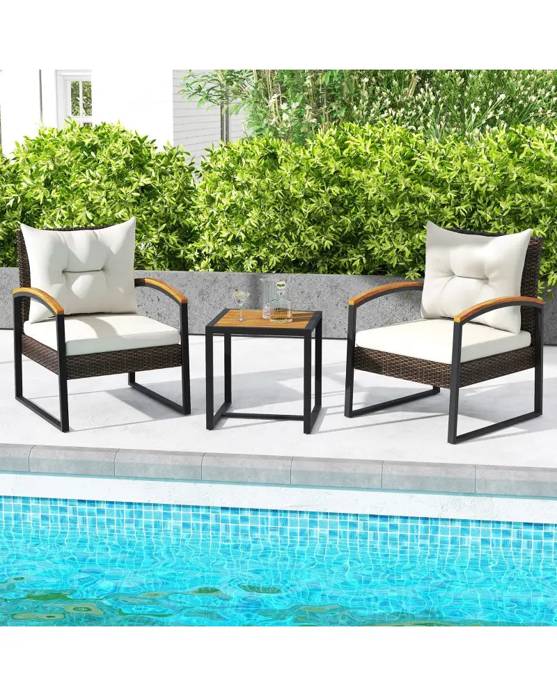 3 Piece Patio Conversation Set with Solid Acacia Wood Armrests and Tabletop-White - White - Patio Conversation Sets