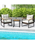 3 Piece Patio Conversation Set with Solid Acacia Wood Armrests and Tabletop-White - White - Patio Conversation Sets