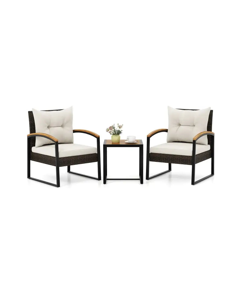 3 Piece Patio Conversation Set with Solid Acacia Wood Armrests and Tabletop-White - White - Patio Conversation Sets