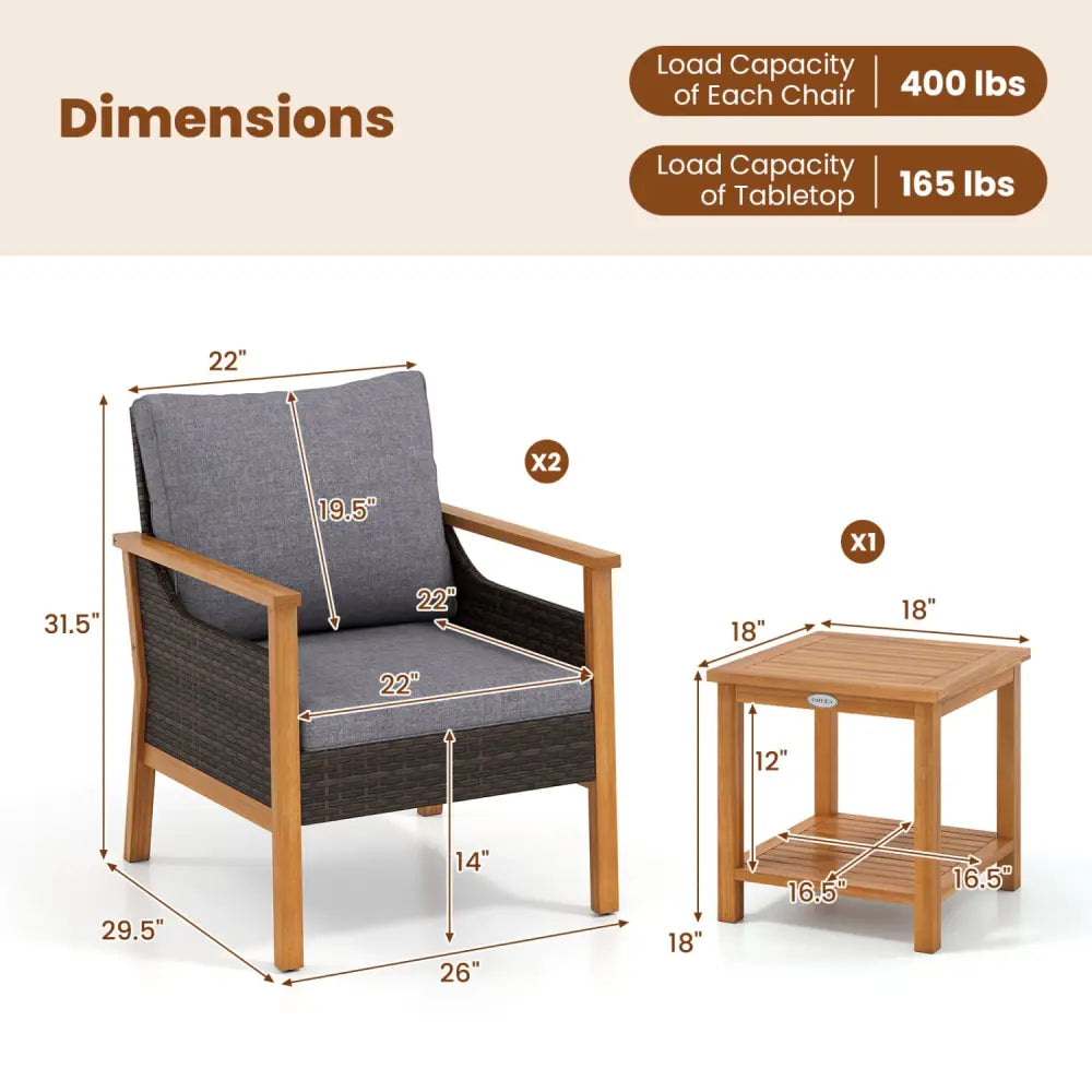 3 Piece Patio Furniture Set-Gray - Gray - Patio Dining Sets