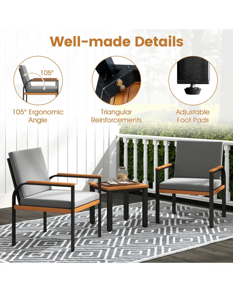 3 Piece Patio Furniture Set Outdoor Conversation Set with Coffee Table-Grey - Gray - Patio Conversation Sets