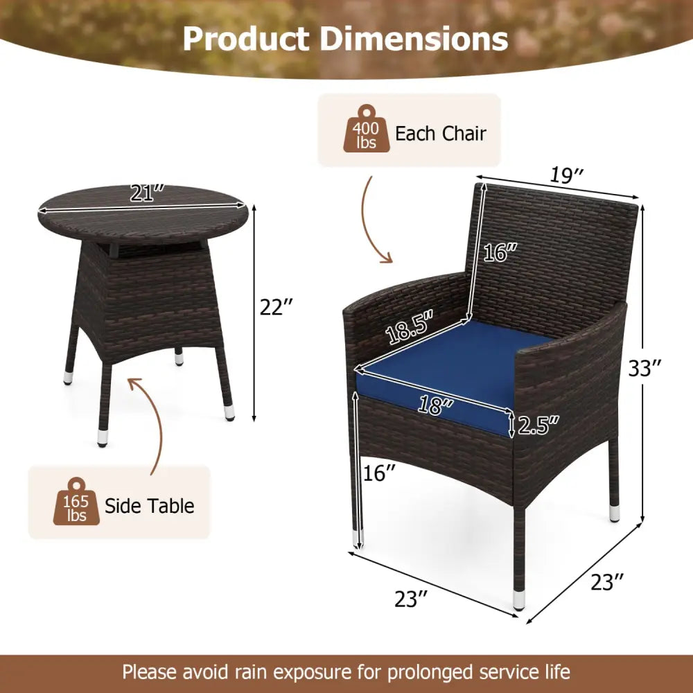 3 Piece Patio Furniture Set Outside Bistro Set for Porch-Navy - Navy - Patio Conversation Sets