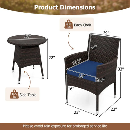 3 Piece Patio Furniture Set Outside Bistro Set for Porch-Navy - Navy - Patio Conversation Sets