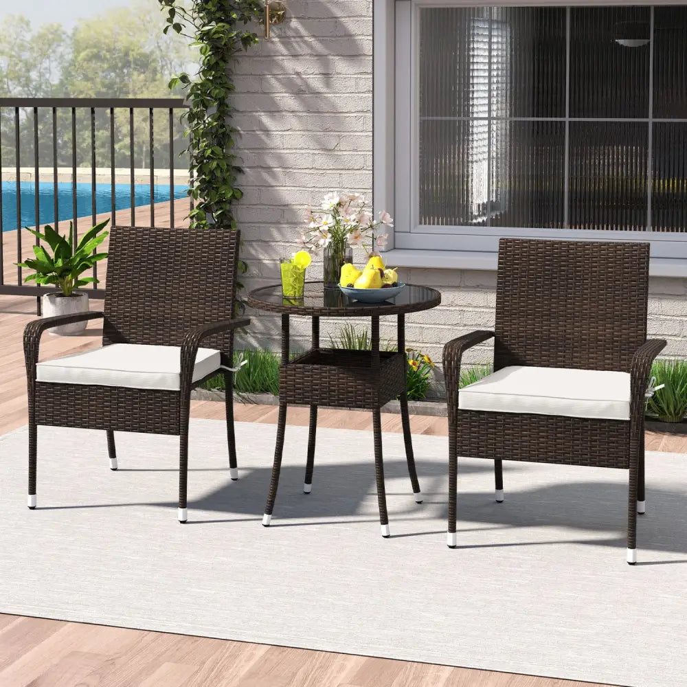 3-Piece Patio Furniture Set PE Rattan Wicker Chairs with Tempered Glass Top Table-White - White - Patio Conversation