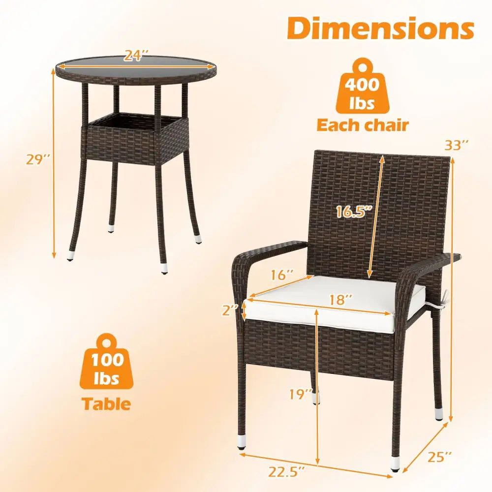 3-Piece Patio Furniture Set PE Rattan Wicker Chairs with Tempered Glass Top Table-White - White - Patio Conversation