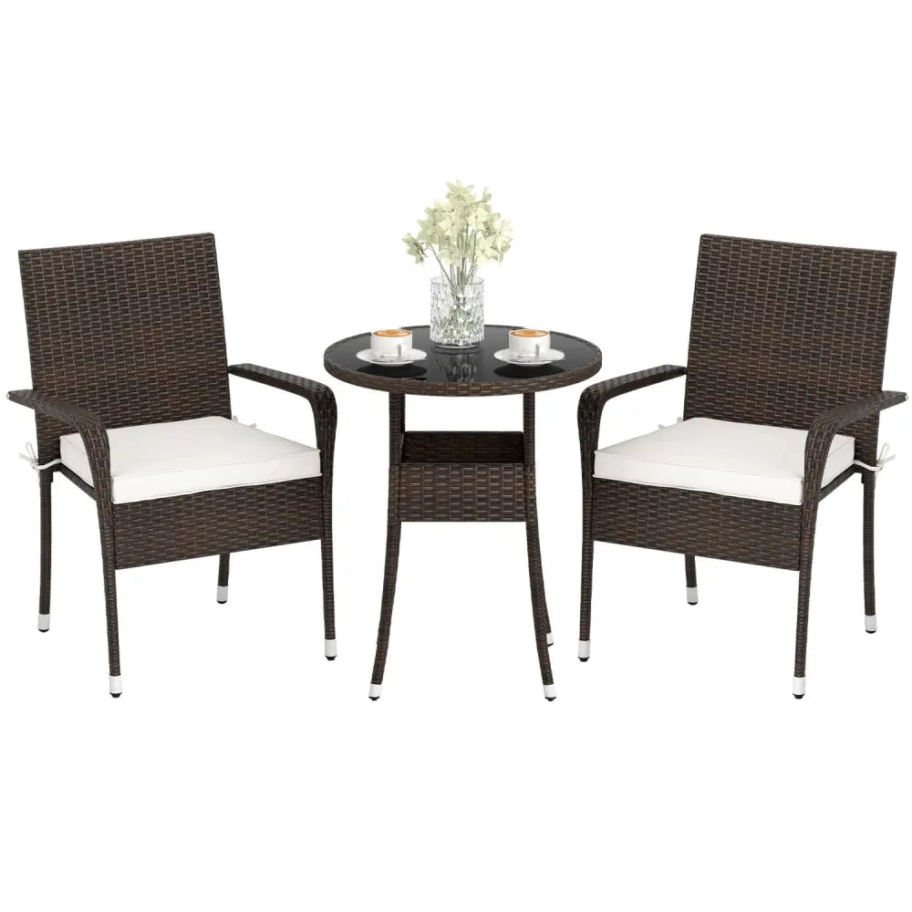 3-Piece Patio Furniture Set PE Rattan Wicker Chairs with Tempered Glass Top Table-White - White - Patio Conversation