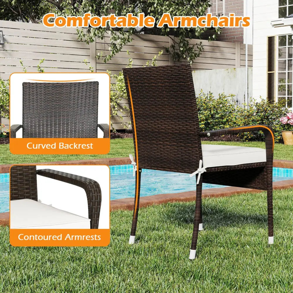 3-Piece Patio Furniture Set PE Rattan Wicker Chairs with Tempered Glass Top Table-White - White - Patio Conversation