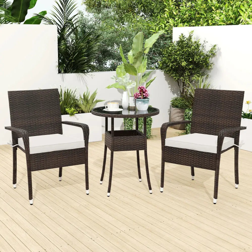 3-Piece Patio Furniture Set PE Rattan Wicker Chairs with Tempered Glass Top Table-White - White - Patio Conversation