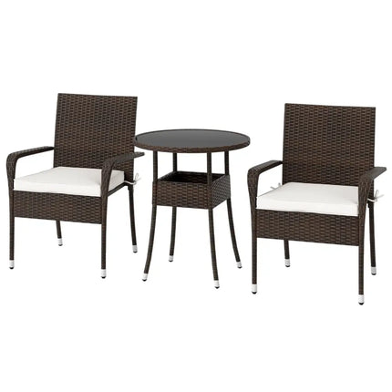 3-Piece Patio Furniture Set PE Rattan Wicker Chairs with Tempered Glass Top Table-White - White - Patio Conversation