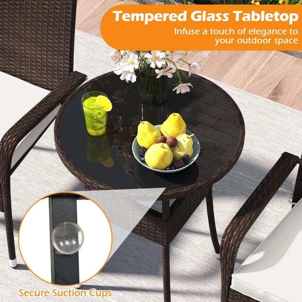 3-Piece Patio Furniture Set PE Rattan Wicker Chairs with Tempered Glass Top Table-White - White - Patio Conversation