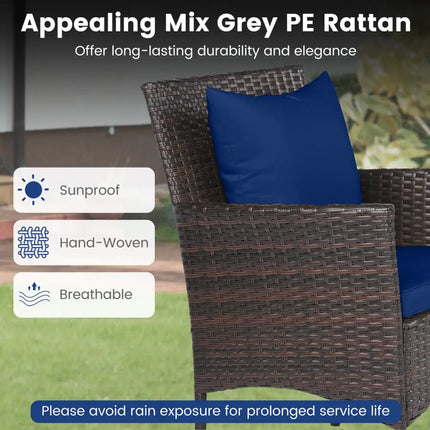3-Piece Patio Furniture Set Rattan Bistro Chairs with 2-Tier Tempered Glass Side Table-Navy - Navy - Patio Conversation