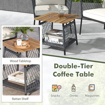 3 Piece Patio Furniture Set Rattan Chair Set with 2-Tier Coffee Table-White - White - Patio Conversation Sets