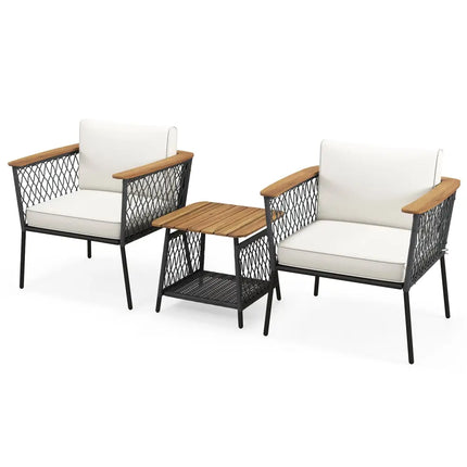 3 Piece Patio Furniture Set Rattan Chair Set with 2-Tier Coffee Table-White - White - Patio Conversation Sets