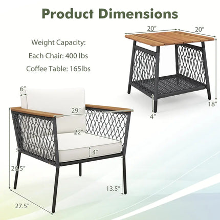3 Piece Patio Furniture Set Rattan Chair Set with 2-Tier Coffee Table-White - White - Patio Conversation Sets