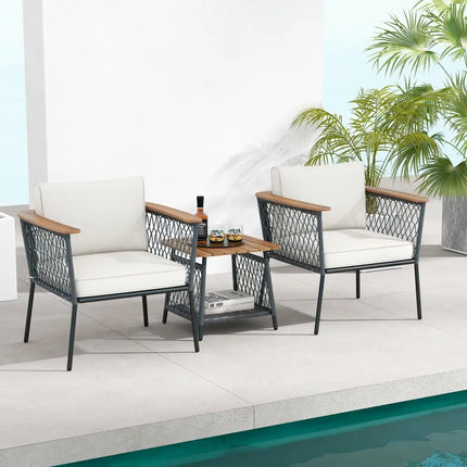 3 Piece Patio Furniture Set Rattan Chair Set with 2-Tier Coffee Table-White - White - Patio Conversation Sets