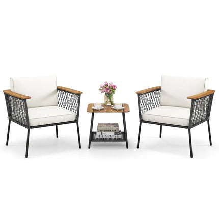 3 Piece Patio Furniture Set Rattan Chair Set with 2-Tier Coffee Table-White - White - Patio Conversation Sets