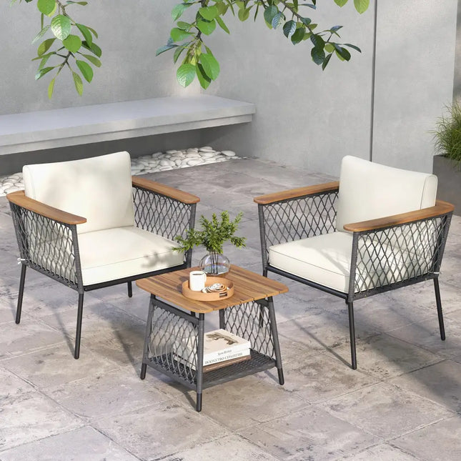 3 Piece Patio Furniture Set Rattan Chair Set with 2-Tier Coffee Table-White - White - Patio Conversation Sets