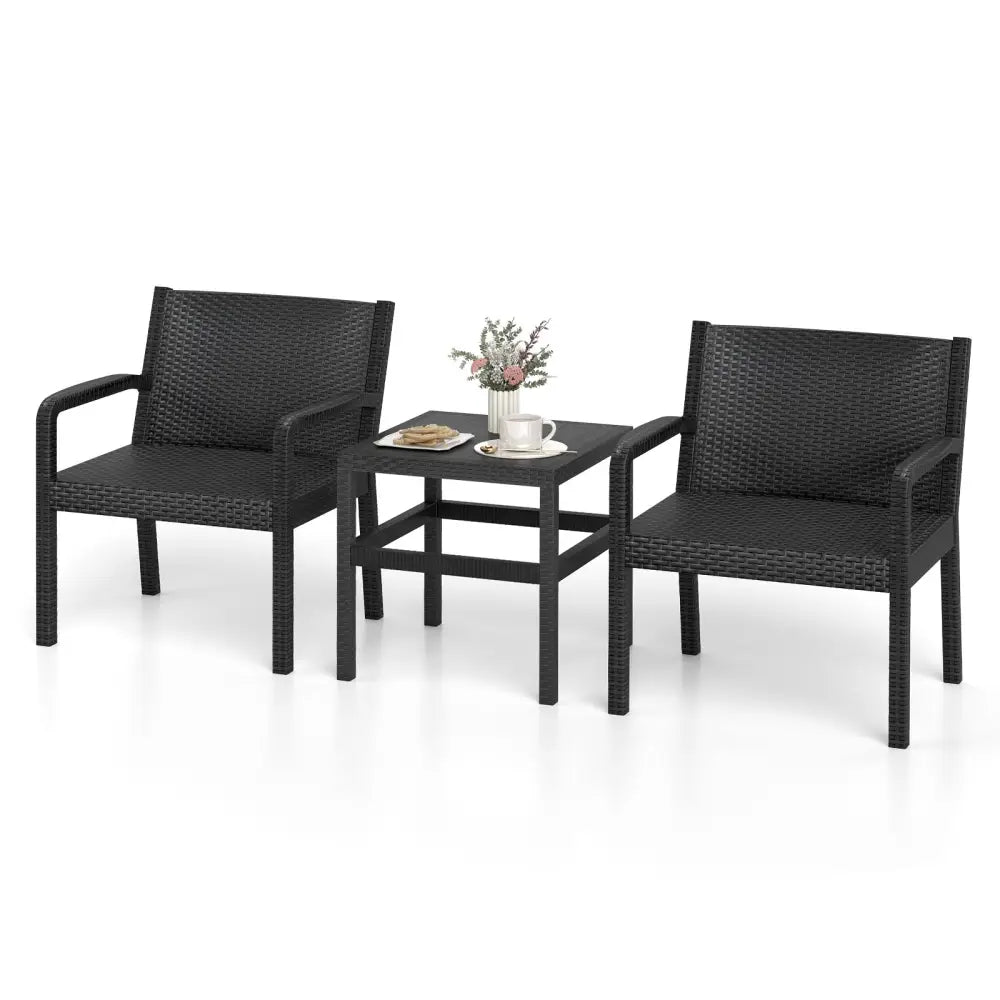 3 Piece Patio Furniture Set with 2 Modern Rattan Armchair and 25 Inch Squire Side Table-Black - Black - Patio